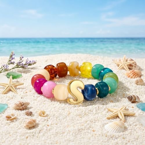 Bubble Initial Chunky Beaded Bracelet for Women Colorful Resin Bead Trendy Statement Big Stretch Bracelets Summer Beach Boho Charm Jewelry Cute Gifts for Women - color: Initial S