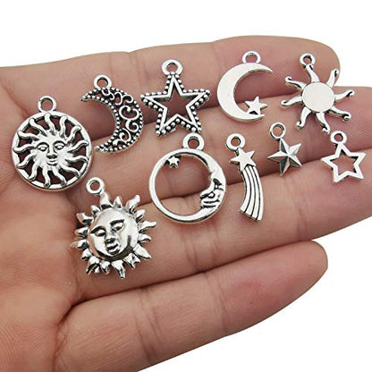 100g(80pcs) Craft Supplies Mixed Antique Silver Sun Moon Stars Charms Pendants for Crafting, Jewelry Findings Making Accessory for DIY Necklace Bracelet (M250) - color: M250
