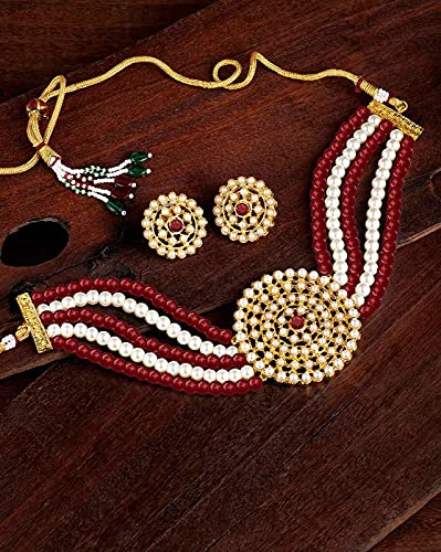 Aheli Pearl Diamond Choker Necklace & Round Earrings Gift for Women Indian Traditional Bollywood Fashion Bharatanatyam jewellery set - color: Maroon & White