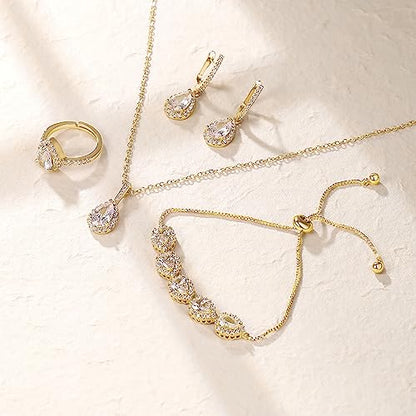 Crysdue Wedding Bridal Teardrop CZ Pendant Necklace Open Ring Dangle Earrings Adjustable Slider Bracelet Jewelry Set, Birthday Mothers Day Christmas Jewellery Gift for Women/Mom/Wife - style: 01-Teardrop Clear Gold-Tone
