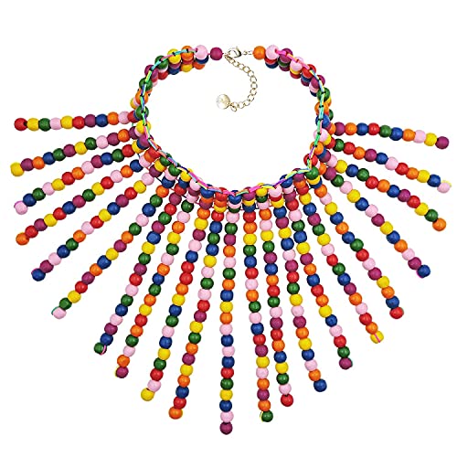 Coiris Boho African Wooden or Acrylic Beaded Bib Statement Necklace Strands Layered Cluster Chunky Collar Choker Wood Necklace for Women Fashion Costume Jewelry - color: Rainbow