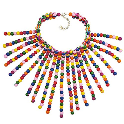 Coiris Boho African Wooden or Acrylic Beaded Bib Statement Necklace Strands Layered Cluster Chunky Collar Choker Wood Necklace for Women Fashion Costume Jewelry - color: Rainbow