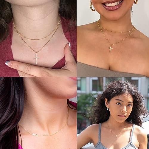 Poxtex Cross Necklace for Women Teen Girls, Dainty 14K Gold Silver Plated Cross Choker Jewelry Non Tarnish Waterproof Cute Simple Small Necklace Christian Baptism Religious Faith Jewelry Gifts - color: 07 Stack Cross Necklace - Gold