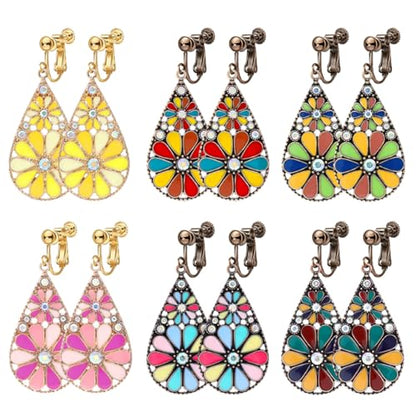6 Pairs Bohemian Copper Crystal Teardrop Clip On Earrings for Women Handmade Colorful Enamel Floral Dangle Drop Earrings Retro Tribal Style Geometric Design Jewelry Gifts - color: Gold