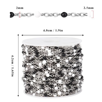 33FT 2mm Stainless Steel Black White Enamel Chains Bulk for Jewelry Making | 304 Stainless Steel Enamel Beaded Cable Chains Roll Spool for Necklace Bracelet Craft - color: Stainless Steel White Black Beads