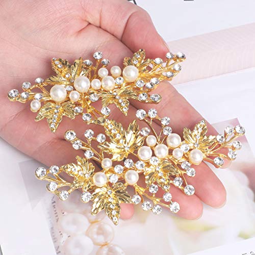 Rhinestone Pearl Alligator Bridal Hair Clips, Set of 2, Gold | For Wedding Prom, Leaf Design, Jewelry Headpiece for Women - color: Gold