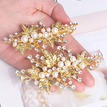 Rhinestone Pearl Alligator Bridal Hair Clips, Set of 2, Gold | For Wedding Prom, Leaf Design, Jewelry Headpiece for Women - color: Gold