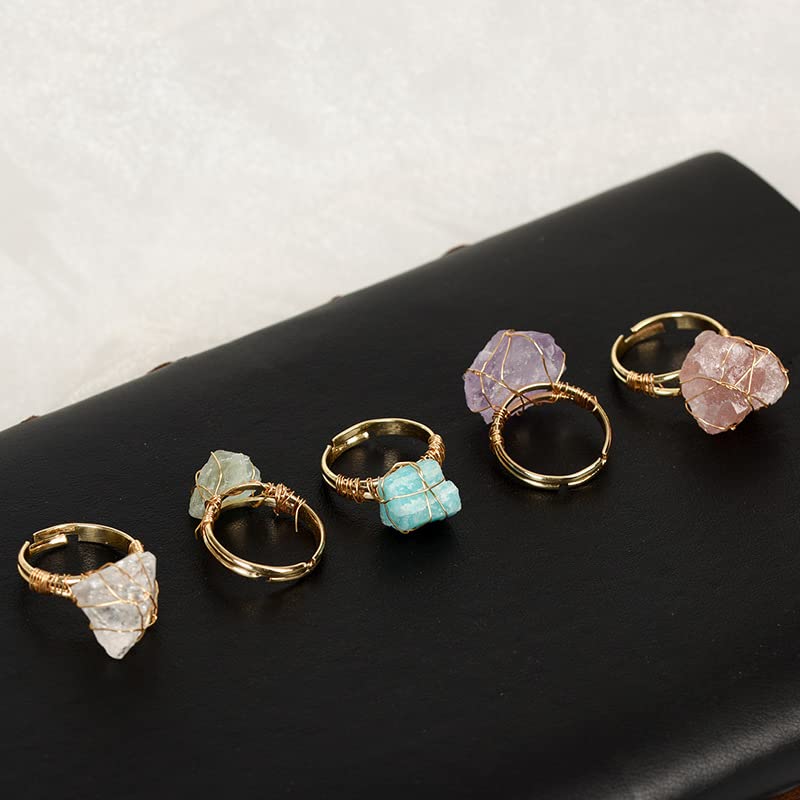 COLORFUL BLING Raw Healing Crystal Natural Stone Ring Statement Copper Wire Wrapped Irregular Crystal Gemstone Adjustalble Ring Jewelry for Women - color: 4 Pcs Set