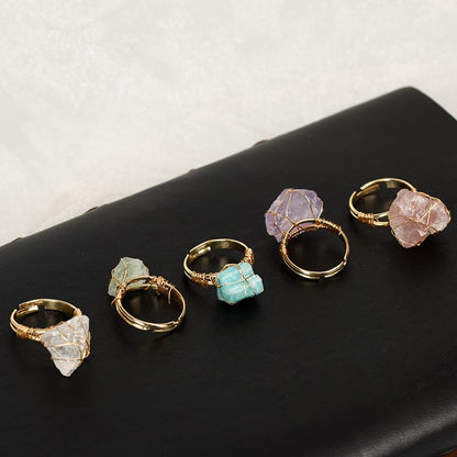COLORFUL BLING Raw Healing Crystal Natural Stone Ring Statement Copper Wire Wrapped Irregular Crystal Gemstone Adjustalble Ring Jewelry for Women - color: 4 Pcs Set