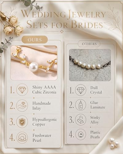 3Pcs 14K Gold Plated Pearl Bridal Jewelry Set for Women | Pearl necklace, drop earrings and bracelet set with cubic zirconia for bride bridesmaid wedding prom and party accessories - color: Gold Plated-3CZ-Pearl