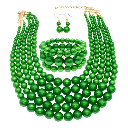 Faux Big Pearl Srand Necklaces for Women 5 Layers Pearls Choker Bib Collar Necklace Bracelet and Earrings set 1920s Costume Pearl Jewelry Bridal Wedding - color: green