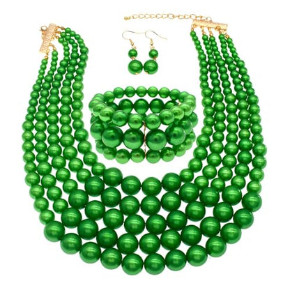 Faux Big Pearl Srand Necklaces for Women 5 Layers Pearls Choker Bib Collar Necklace Bracelet and Earrings set 1920s Costume Pearl Jewelry Bridal Wedding - color: green