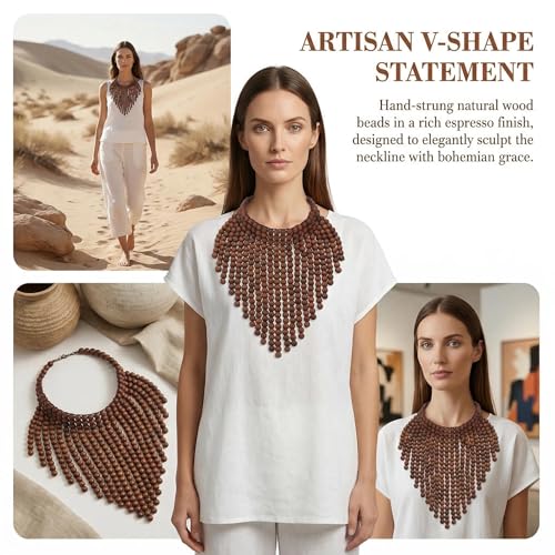 Coiris Boho African Wooden or Acrylic Beaded Bib Statement Necklace Strands Layered Cluster Chunky Collar Choker Wood Necklace for Women Fashion Costume Jewelry - color: Brown