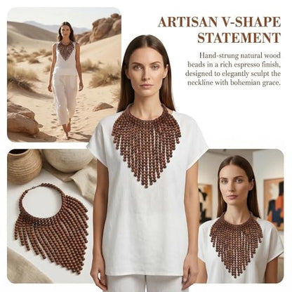 Coiris Boho African Wooden or Acrylic Beaded Bib Statement Necklace Strands Layered Cluster Chunky Collar Choker Wood Necklace for Women Fashion Costume Jewelry - color: Brown