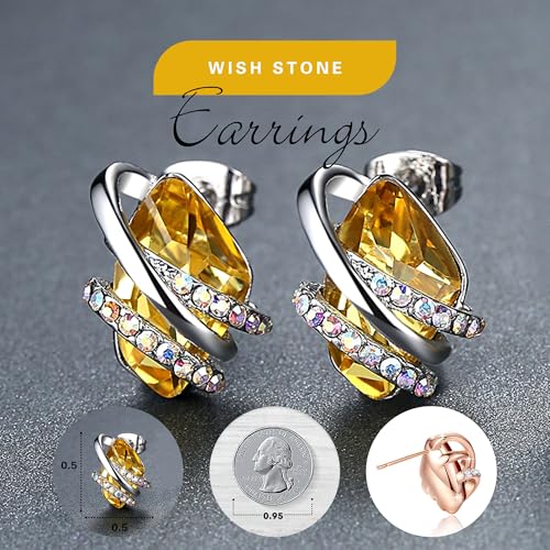 Gifts for Women, Wish Stone Stud Earrings with Birthstone Crystals, 18K Rose Gold Plated or Silver-tone - color: 211-November-Citrine Yellow-Silvertone