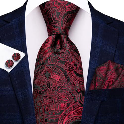 Hi-Tie Men 63inches Tie Set Extra Long Necktie Paisley Tie Pocket Suqare Cufflinks Big and Tall Men Tie - color: Black Red Dark