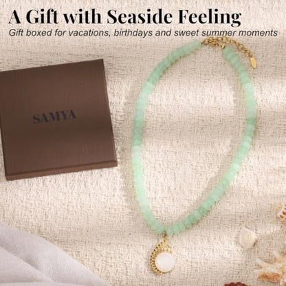 SAMYA Gemstone Beaded Necklace for Women | Ocean Charm Necklace with 8x4mm Natural Dyed Jade Beads, Adjustable 16"+2" Beach Necklace for Women - color: Green jade