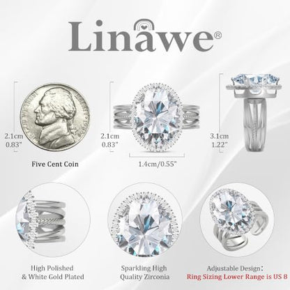 Linawe Costume Jewelry Adjustable Cocktail Ring for Women | Copper, Rhinestone, Cubic Zirconia, Oval, Fake Diamond, Crystal, Stone, Birthstone, Gemstone, Big, Chunky, Statement - color: White Clear
