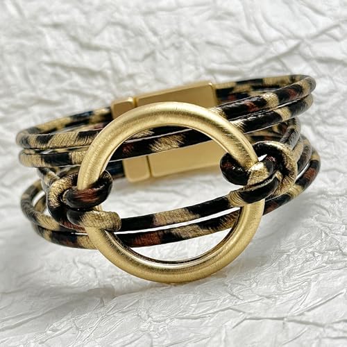Bracelets for Women Leather Bracelet Multi-Layer Rope Wrap Bangle 14k Gold Plated Cirle Hollow Tube Boho Cuff Bangle Bracelets for Women Gift - style: Leopard Leather Bracelet