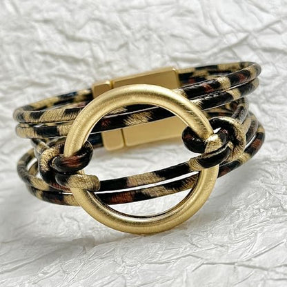 Bracelets for Women Leather Bracelet Multi-Layer Rope Wrap Bangle 14k Gold Plated Cirle Hollow Tube Boho Cuff Bangle Bracelets for Women Gift - style: Leopard Leather Bracelet