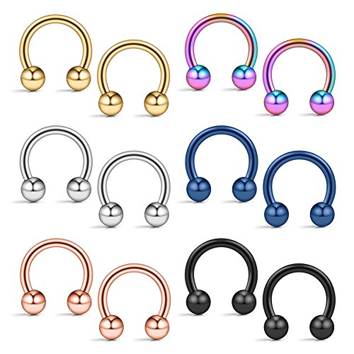 12PCS 14G Surgical Steel Nose Septum Horseshoe Hoop Earring Eyebrow Tragus Lip Piercing Ring - style: 10mm w Balls