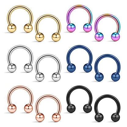 12PCS 14G Surgical Steel Nose Septum Horseshoe Hoop Earring Eyebrow Tragus Lip Piercing Ring - style: 10mm w Balls