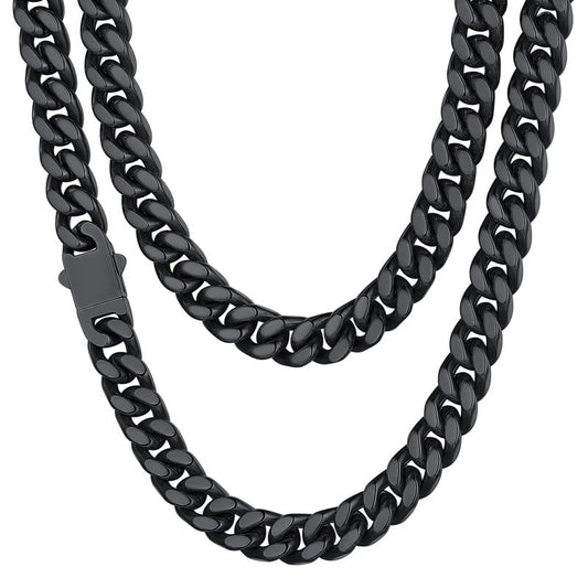 ChainsHouse Cuban Link Chain for Men, Stainless Steel Waterproof Necklace | 5/7/9/12/14mm Miami Cuban Chain 18-30 Inch, Gold/Black Men’s Necklace No Tarnish & Durable, Jewelry for Daily Wear and Gift - color: c. 9mm width-black, size: 18 inches