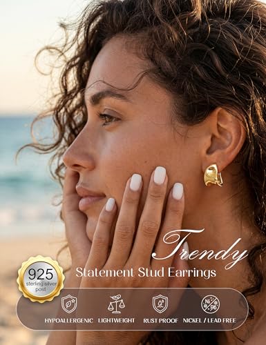 Chunky Gold Stud Earrings for Women Sterling Silver Earring Hypoallergenic | Non Tarnish 14K Gold Plated 925 Silver Posts for Sensitive Ears,Knot Statement Dangle Earrings Gold Jewelry Gifts Lightweight - color: gold plated-chunky