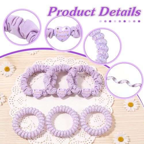 6pcs Spiral Hair Ties and Skinny Scrunchies with Heart Charms 2.36 Inch No Crease Phone Cord Coils Thin Scrunchies Hair Accessories for Ponytail Holders Purple