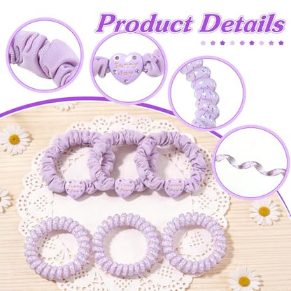 6pcs Spiral Hair Ties and Skinny Scrunchies with Heart Charms 2.36 Inch No Crease Phone Cord Coils Thin Scrunchies Hair Accessories for Ponytail Holders Purple
