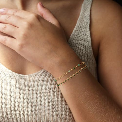 Gold Chain Bracelet for Women, 14K Gold Plated | Dainty Bracelets with Adjustable Chain, Trendy Jewelry Gift for Women - style: beads paper clip