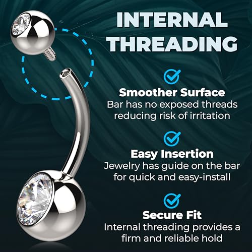 Internally Threaded Belly Button Ring G23 Titanium with Grade AAAAA Cubic Zirconia - 14g Implant Grade Titanium Belly Ring Piercing Jewelry Internal Thread - Bellybutton Rings Navel Jewelry For Women - color: Silver - 10mm