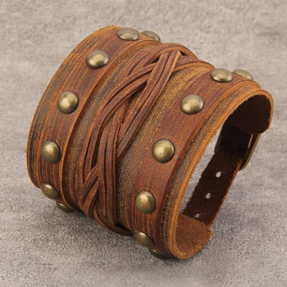 Jeilwiy Punk Leather Wristbands for Men Bracelets Handmade Wide Cuff Bangle Braided Jewelry Black Brown Adjustable - Punk Father's Gifts - color: Leather Brown Bracelet