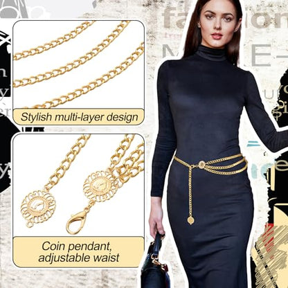 Liliaafar 6 Pcs Gold Silver Waist Chain Belt for Women Multi Layer Sun Metal Adjustable Body Belly Chain for Jean Dress - color: Gold