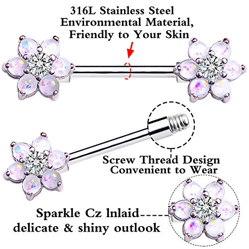 14G Opal Flower CZ Nipple Barbell Nipple Ring Piercing Jewelry for Women - color: silver