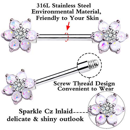 14G Opal Flower CZ Nipple Barbell Nipple Ring Piercing Jewelry for Women - color: silver