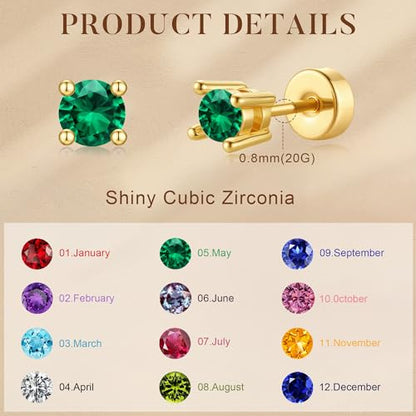 Small Birthstone Flat Back Stud Earrings for Women, 14K Real Gold Plated Hypoallergenic Earring Dainty CZ Cartilage Stud Earring Stack, Perfect Birthday Gifts for Women Her - color: 14K Gold Plated-12-December-Tanzanite Blue