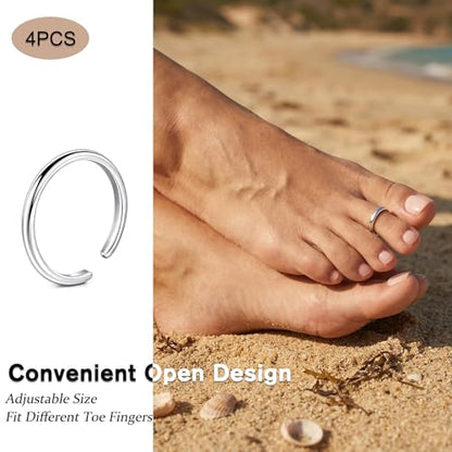 JFORYOU Toe Rings for Women Adjustable Open Toe Rings with Anklet Set CZ Flower Toes Ring for Summer Beach Foot Jewelry - color: 4pcs-silver toe rings Style B