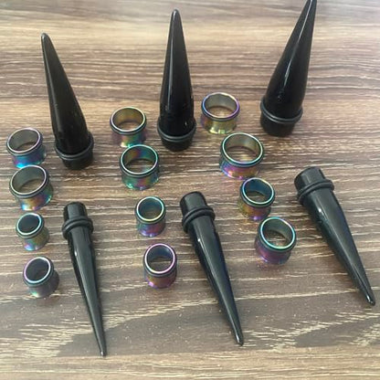 24PC Ear Gauge Stretching Kit Acrylic Tapers and Surgical Steel Tunnels Plugs 00G-20MM Gauge Stretching Kit - color: Black Rainbow