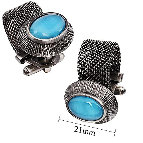 HAWSON Mens Cufflinks with Chain - Stone and Shiny Gold Tone Shirt Accessories - Party Gifts for Young Men - color: Antique Silver Color+Turquoise Cats Eye