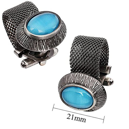 HAWSON Mens Cufflinks with Chain - Stone and Shiny Gold Tone Shirt Accessories - Party Gifts for Young Men - color: Antique Silver Color+Turquoise Cats Eye