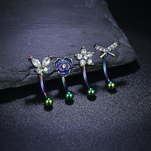 Rook Daith Piercing Jewelry 16G Stainless Surgical Steel Curved Barbell Eyebrow Rings Vertical Labret Lip Piercing Jewelry Rook Daith Earrings for Women Men 6MM 8MM 10MM Hypoallergenic - color: Rainbow Tone