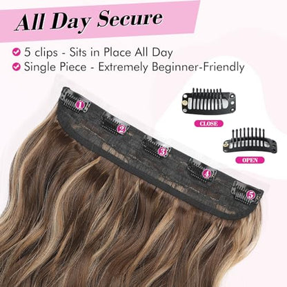 REECHO Clip in Hair Extensions, 20” One Piece Hair Extension Clip in Wefts Long Thick Beach Wavy Natural Soft Synthetic Hairpieces for Women, Chocolate Brown with Blonde Highlights - color: Chocolate Brown with Blonde Highlights - Wavy, size: 20 Inch (Pac