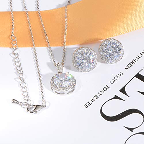 Bridal Crystal Jewelry Set - Sterling Silver Round Cubic Zirconia CZ Rhinestone Halo Birthstone Pendant Necklace Stud Earrings Set for Wedding Bride Bridesmaids Birthday Gift - color: White Gold
