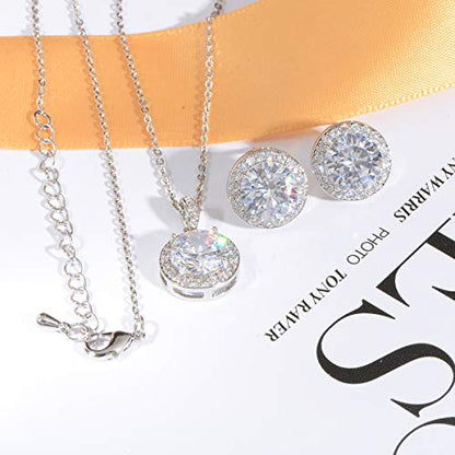 Bridal Crystal Jewelry Set - Sterling Silver Round Cubic Zirconia CZ Rhinestone Halo Birthstone Pendant Necklace Stud Earrings Set for Wedding Bride Bridesmaids Birthday Gift - color: White Gold