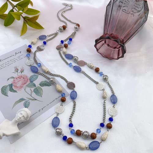 Bocar Long Necklaces for Women Trendy, Boho Layered Crystal Beaded Collar Necklaces for Women, Fashion Statement Necklaces Jewelry - color: Airy blue
