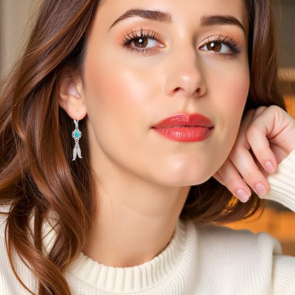 Turquoise Feather Dangle Earrings for Women Sterling Silver Turquoise Jewelry with Feather Dangling Western Chritmas Gifts for Women