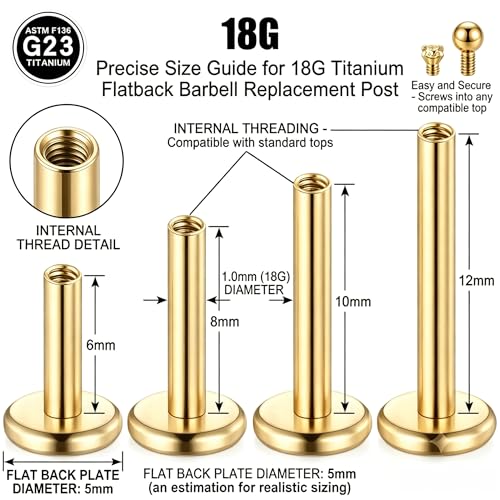 DJCIW G23 Titanium 18G Internally Threaded Flat Back Labret Post Only, 6-12mm Replacement Piercing Shaft for Helix Tragus Nose Lip - color: gold-18G=1.0*6/8/10/12mm