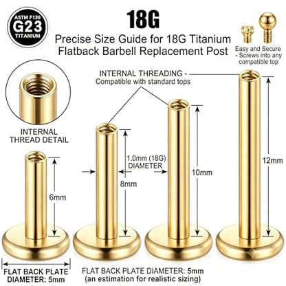 DJCIW G23 Titanium 18G Internally Threaded Flat Back Labret Post Only, 6-12mm Replacement Piercing Shaft for Helix Tragus Nose Lip - color: gold-18G=1.0*6/8/10/12mm