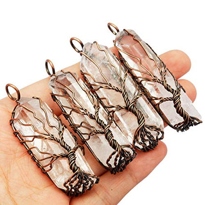 TUMBEELLUWA Copper Wire Wrapped Tree Life Clear Quartz Pendant Necklace | Pack with Stainless Steel Chain, Handmade Raw Healing Crystal Necklace, Meditation Spiritual Accessory, Boho Necklace